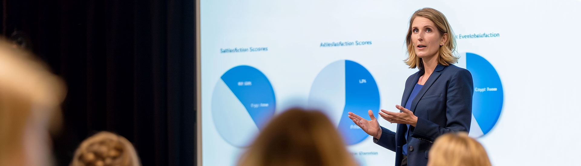 A woman in business attire gives a presentation in front of a screen displaying blue and white pie charts to an audience.