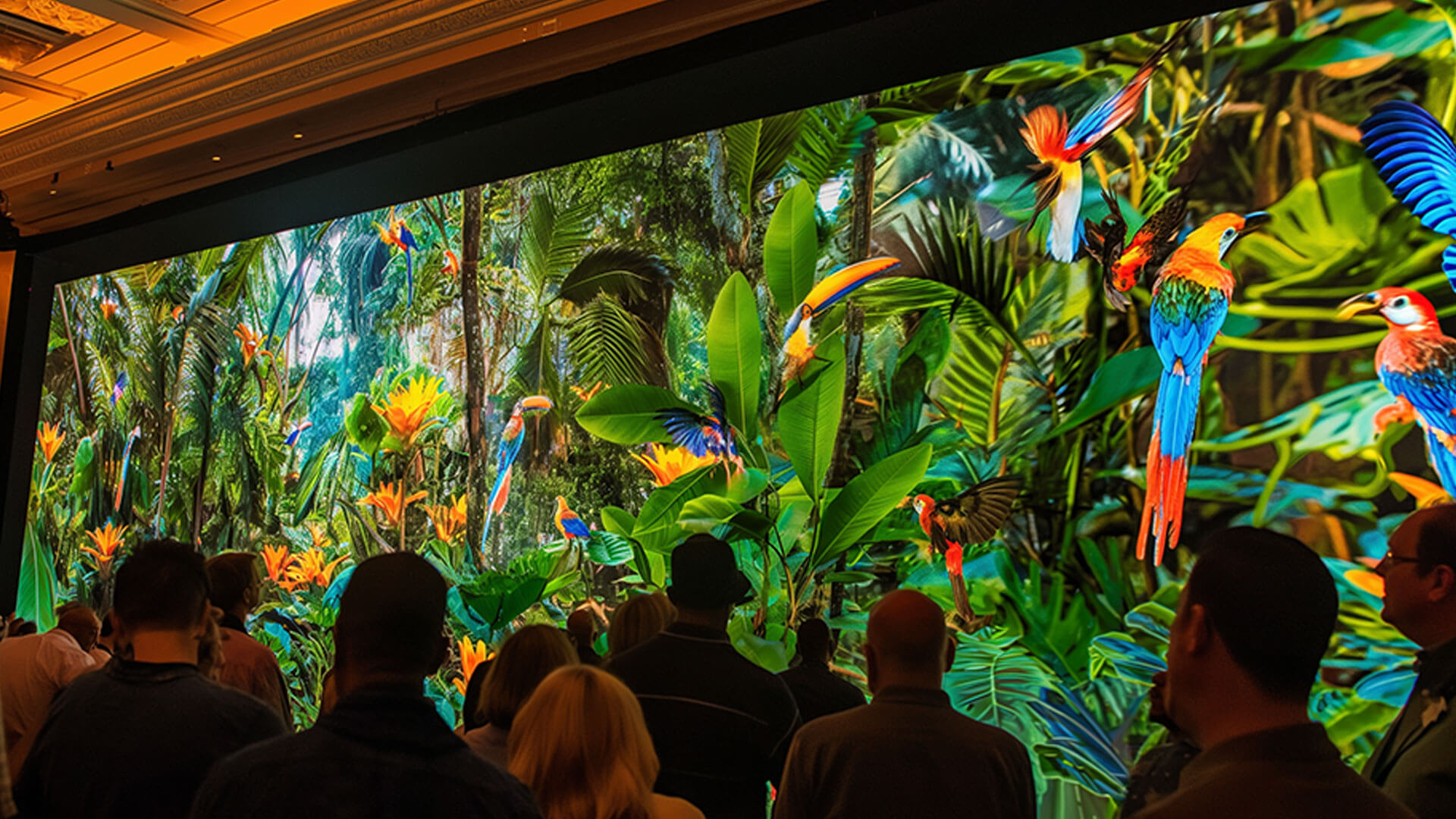 A group of people stand facing a large, vibrant digital screen displaying a lush jungle scene with colorful parrots flying and perched among dense green foliage.