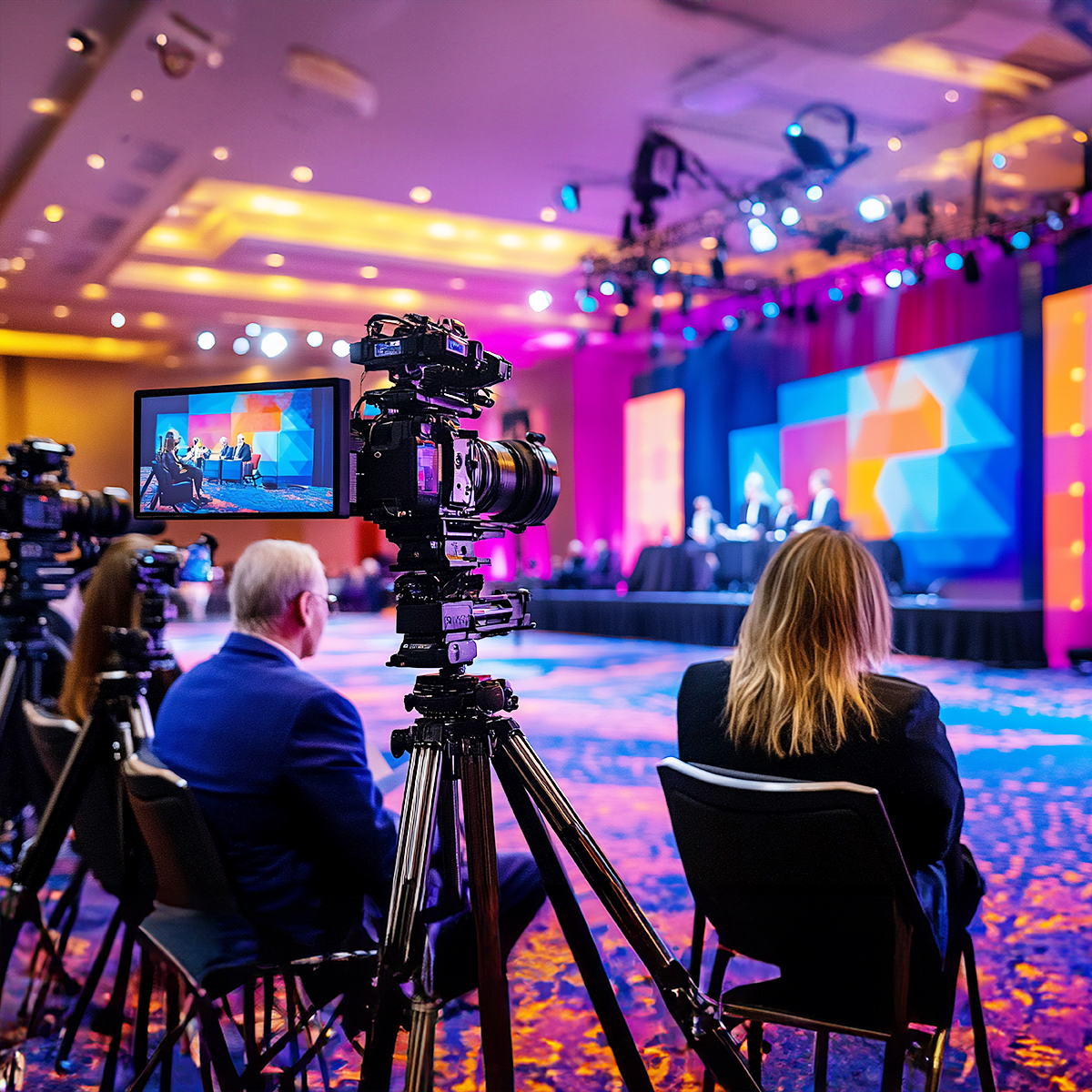 Cameras record a panel discussion on a brightly lit stage at a conference, with audience members seated and colorful geometric backgrounds displayed on large screens.