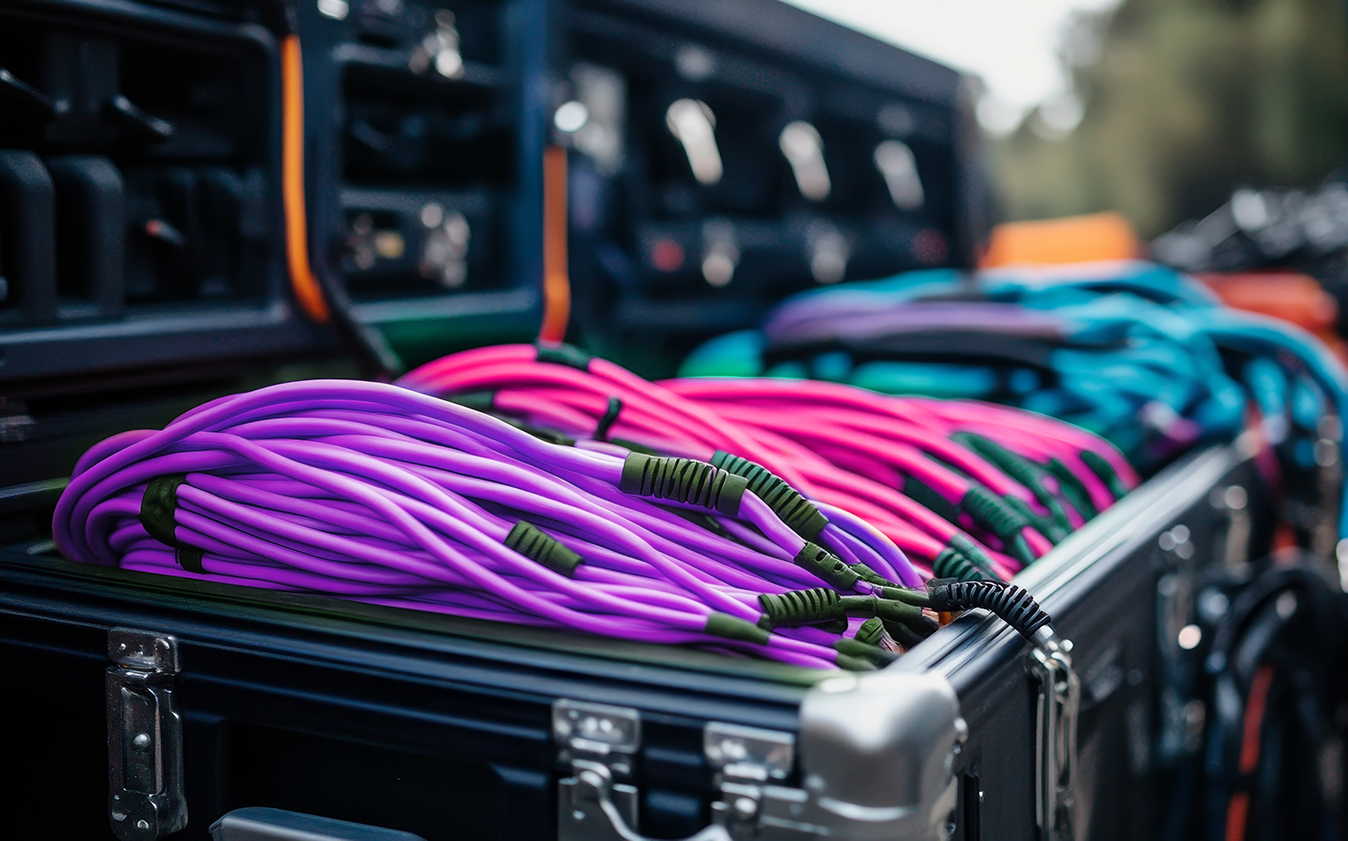 Coiled cables in bright purple, pink, and turquoise colors are neatly arranged in an open equipment case, with other technical gear visible in the background.