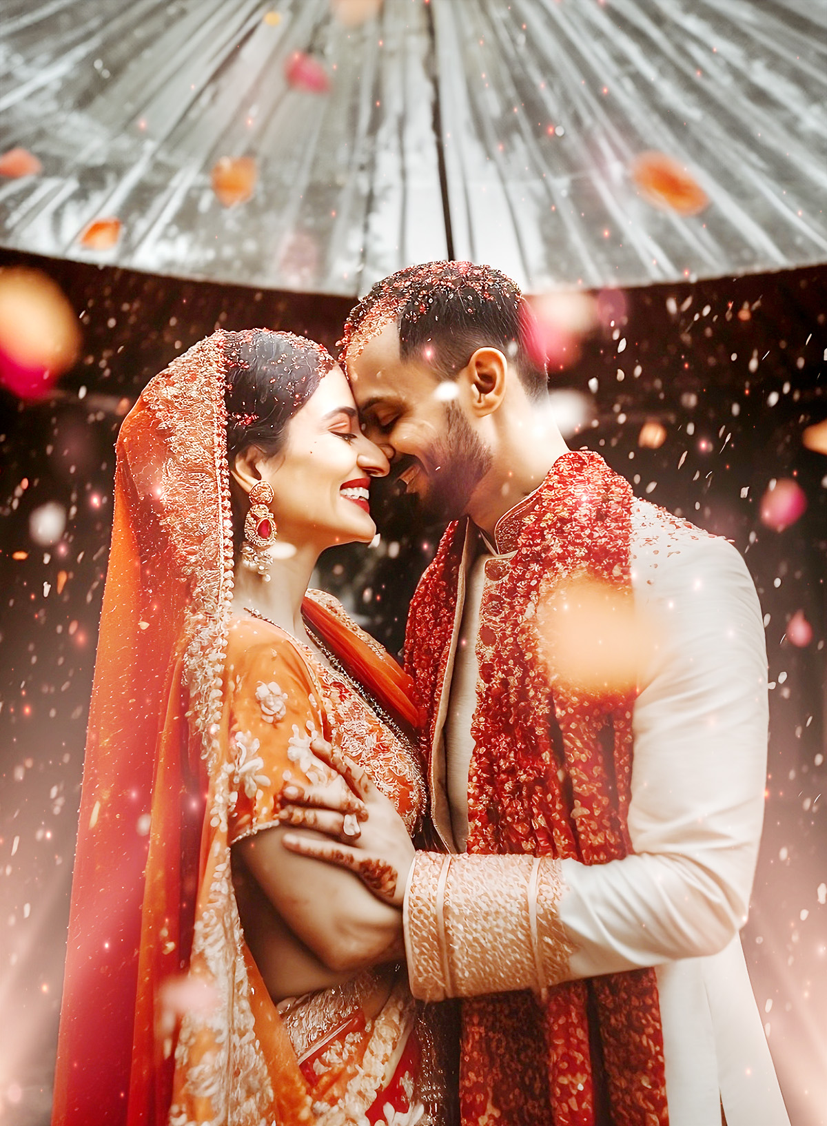 A smiling couple in traditional Indian wedding attire embrace under an umbrella, surrounded by falling flower petals. The bride wears a red saree and jewelry; the groom is in a cream sherwani with a red scarf.