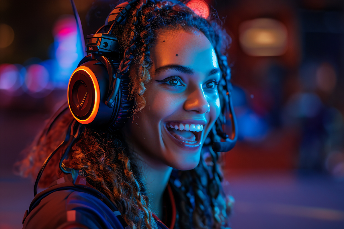 A young woman with curly hair, wearing a gaming headset with glowing lights, smiles excitedly in a vibrant, colorful setting with neon lights in the background.