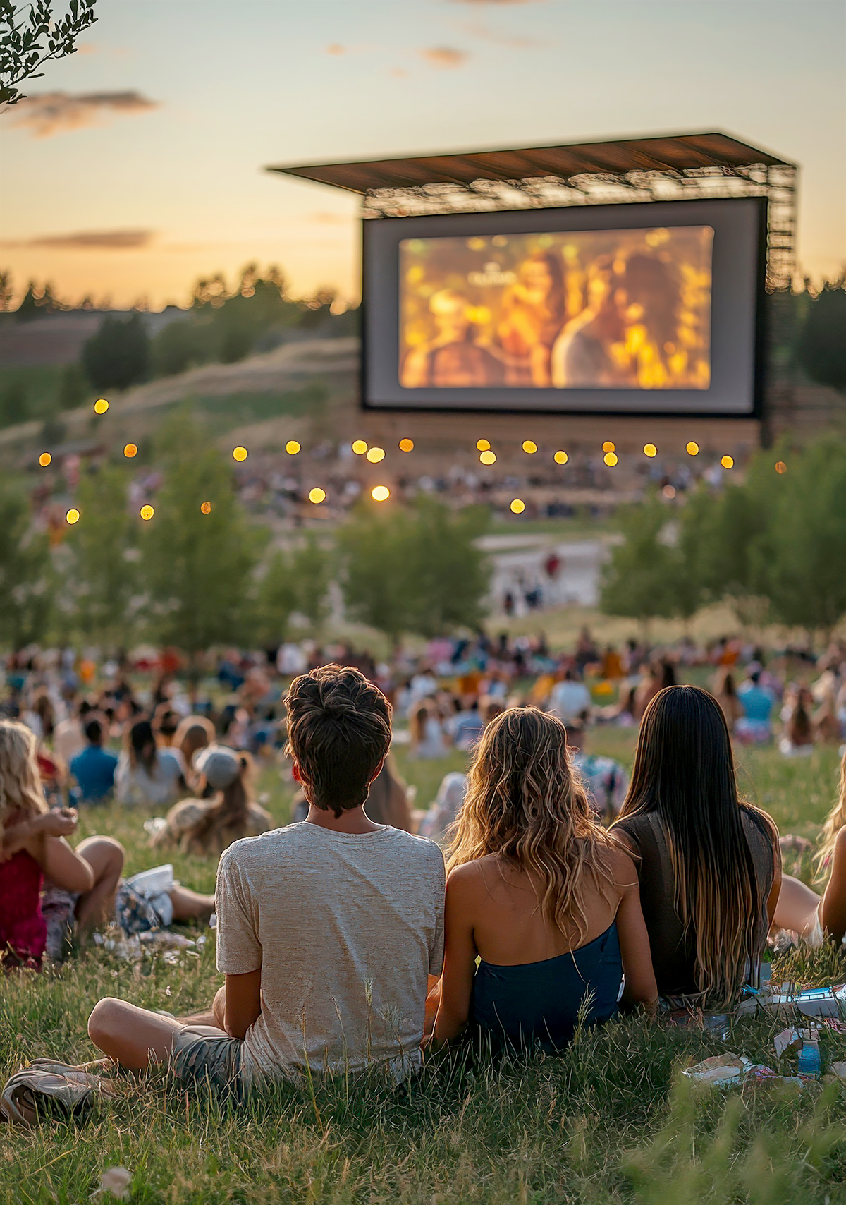 A group of people sit on grass at sunset, watching an outdoor movie on a large screen. The crowd is spread across a hillside, enjoying the film in a relaxed, park-like setting.