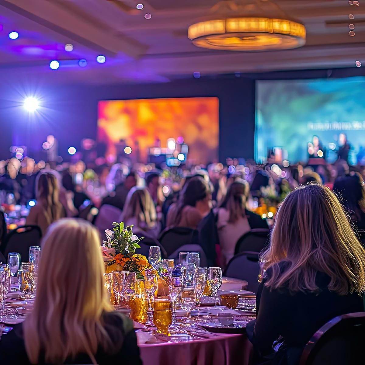 A large, elegant banquet hall filled with people seated at round tables decorated with flowers and glasses, with colorful stage lights and projections in the background during a formal event.