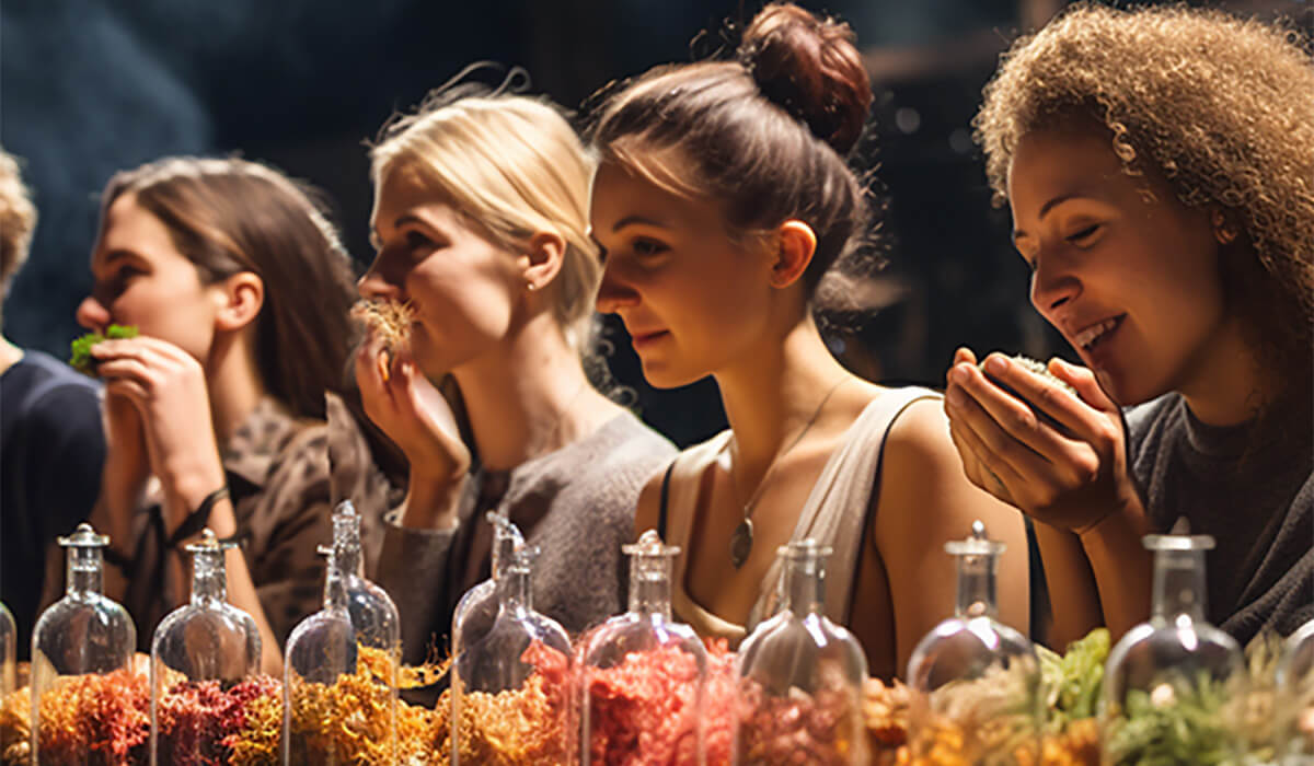 Four women stand in a row, smelling herbs from glass jars filled with dried flowers and plants, enjoying the aromatic experience in a warmly lit environment.