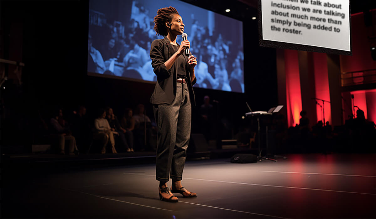 A woman stands on stage holding a microphone, speaking to an audience. Behind her is a large screen showing a black and white image of the crowd and a projected text about inclusion. The lighting is focused on her.