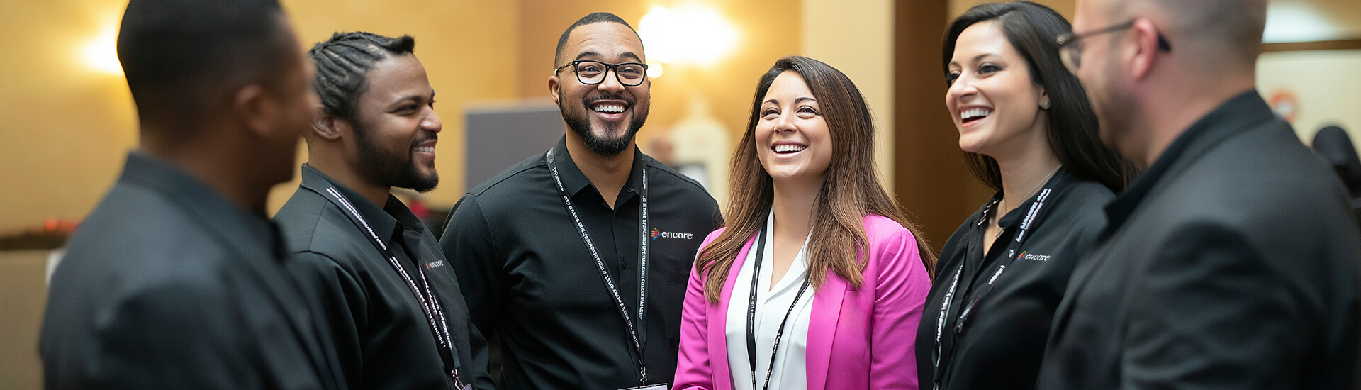 A group of six professionally dressed people stand together indoors, smiling and laughing while having a conversation at what appears to be a networking or business event.