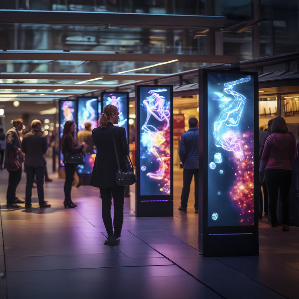 People observe tall digital screens displaying vibrant, abstract, colorful graphics in a modern indoor exhibition space with glass walls and ambient lighting.
