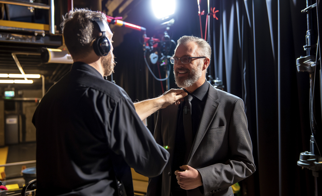 A man in a suit smiles as another person wearing headphones adjusts his microphone backstage, with stage lights and curtains visible in the background.